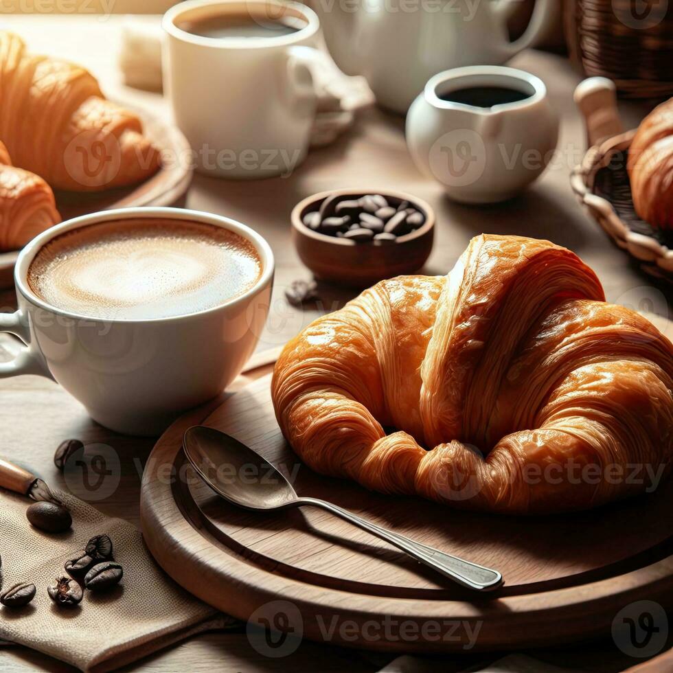 ai generiert Frühstück Croissant mit ein Tasse Kaffee mit Licht Exposition ai generativ foto