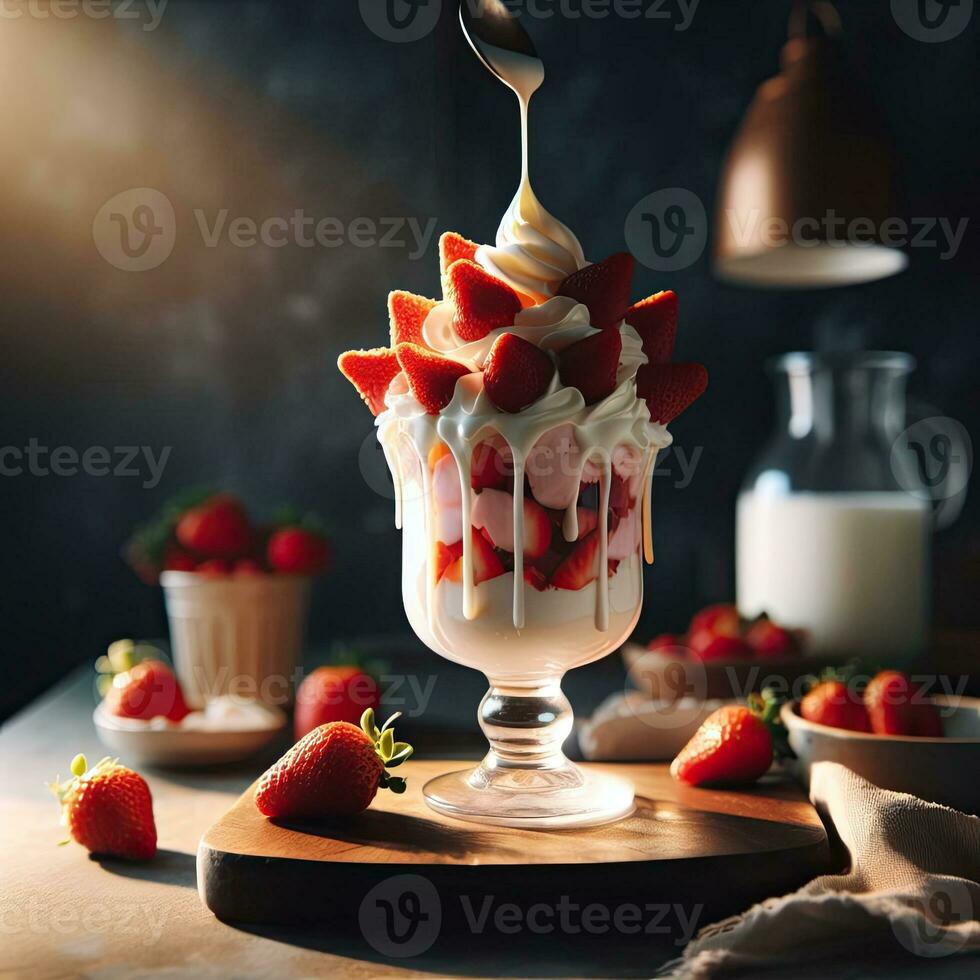 ai generiert Smoothie Erdbeere Dessert auf das Tabelle ai generativ foto