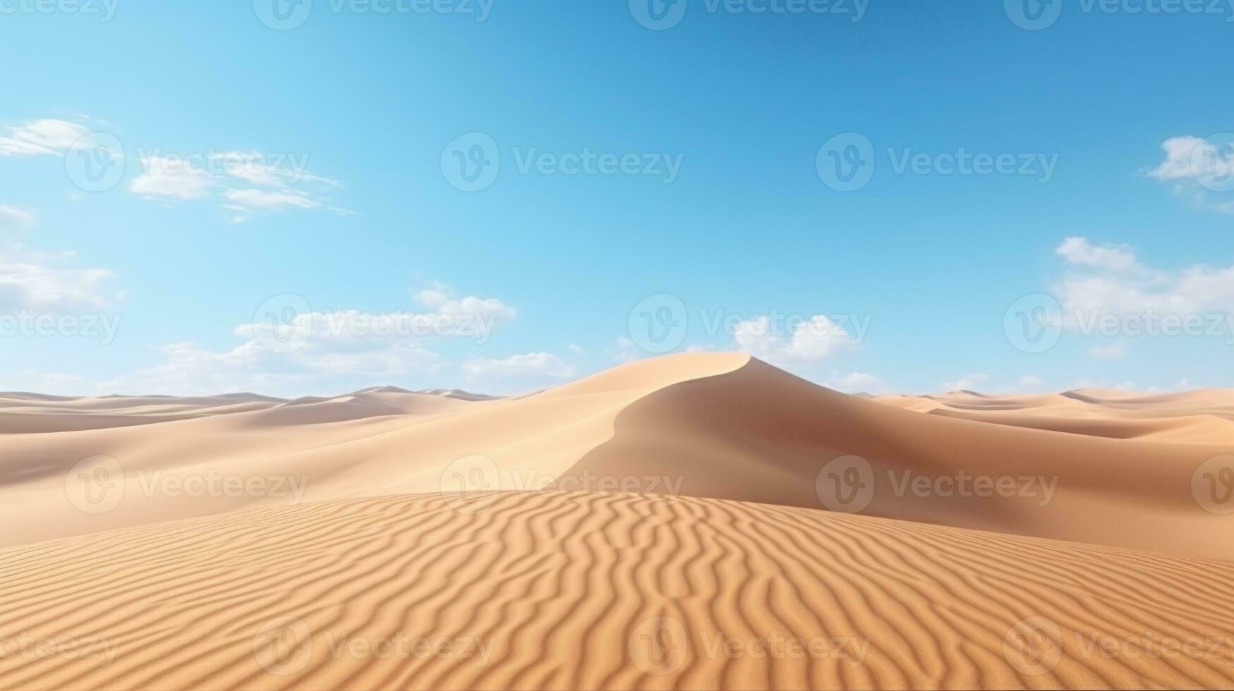 ai generiert ein Wüste Landschaft Hintergrund mit Sand Dünen und ein klar Blau Himmel. foto