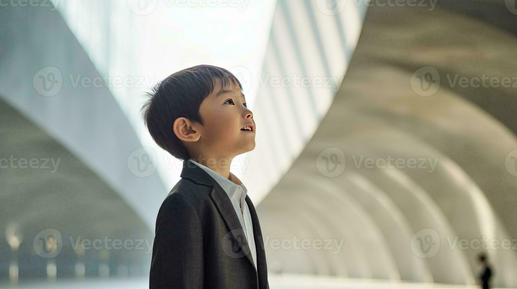 ai generiert jung Junge im passen und Krawatte Stehen im Vorderseite von ein Gebäude foto