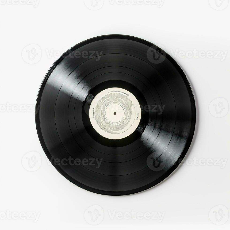 ai generiert Vinyl Aufzeichnung auf Weiß Hintergrund. Aufzeichnung, Musik, Lied foto