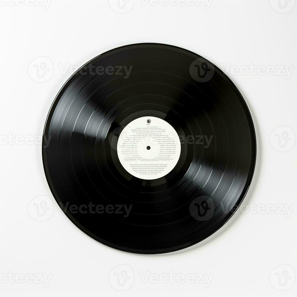 ai generiert Vinyl Aufzeichnung auf Weiß Hintergrund. Aufzeichnung, Musik, Lied foto