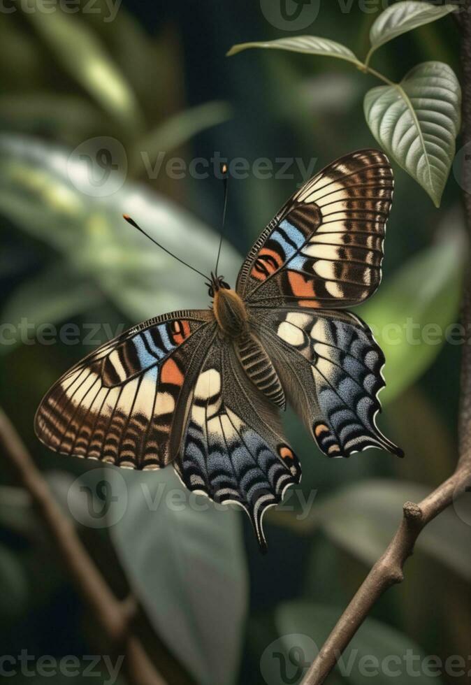 ai generiert ein Schmetterling ist Sitzung auf ein Pflanze mit Blätter foto