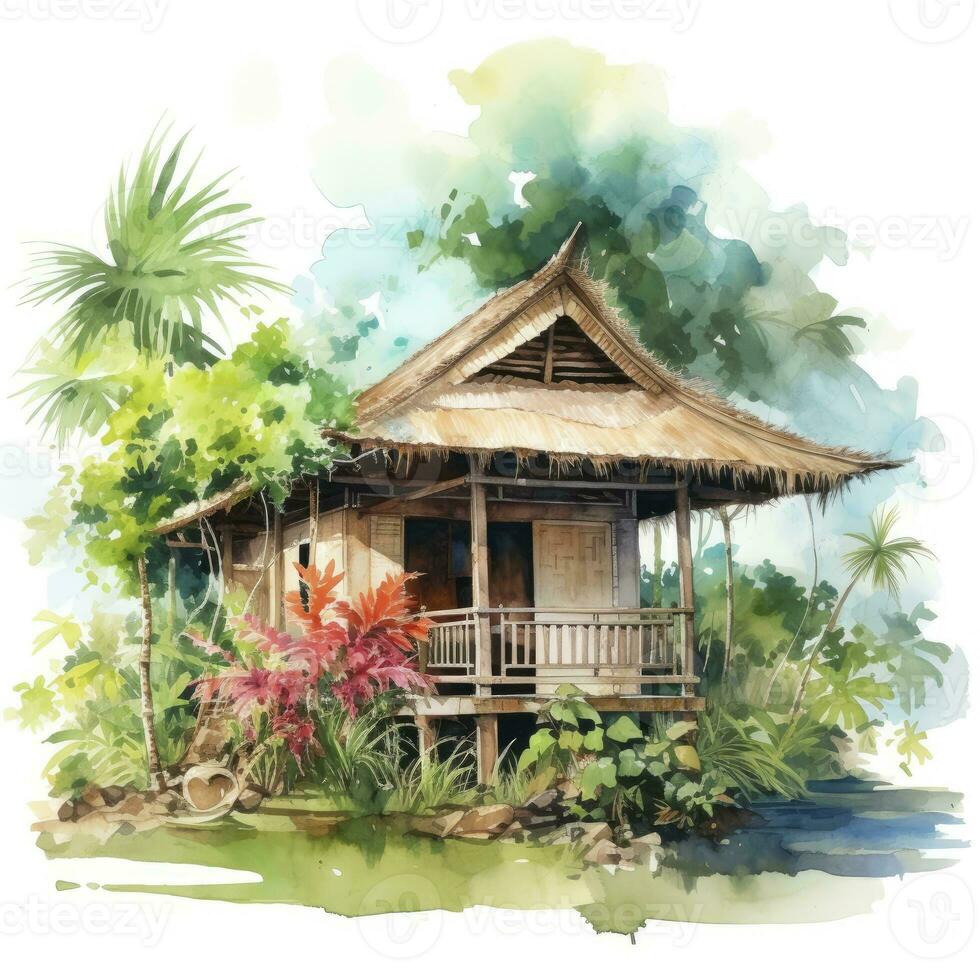 ai generiert ein aquarelliert hell heiter Bild von ein traditionell Bahay kubo. ai generiert foto