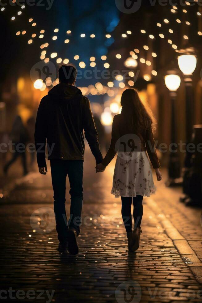 ai generiert romantisch Paar halten Hände im Stadt Nacht Beleuchtung foto