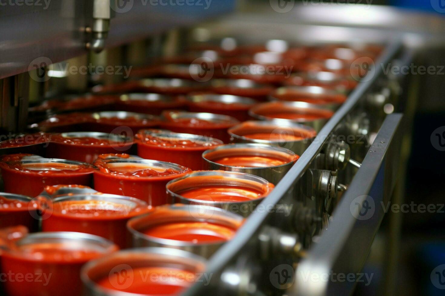 ai generiert Förderer Gürtel Magie Dosen- Sardinen im Tomate Soße Produktion Linie foto