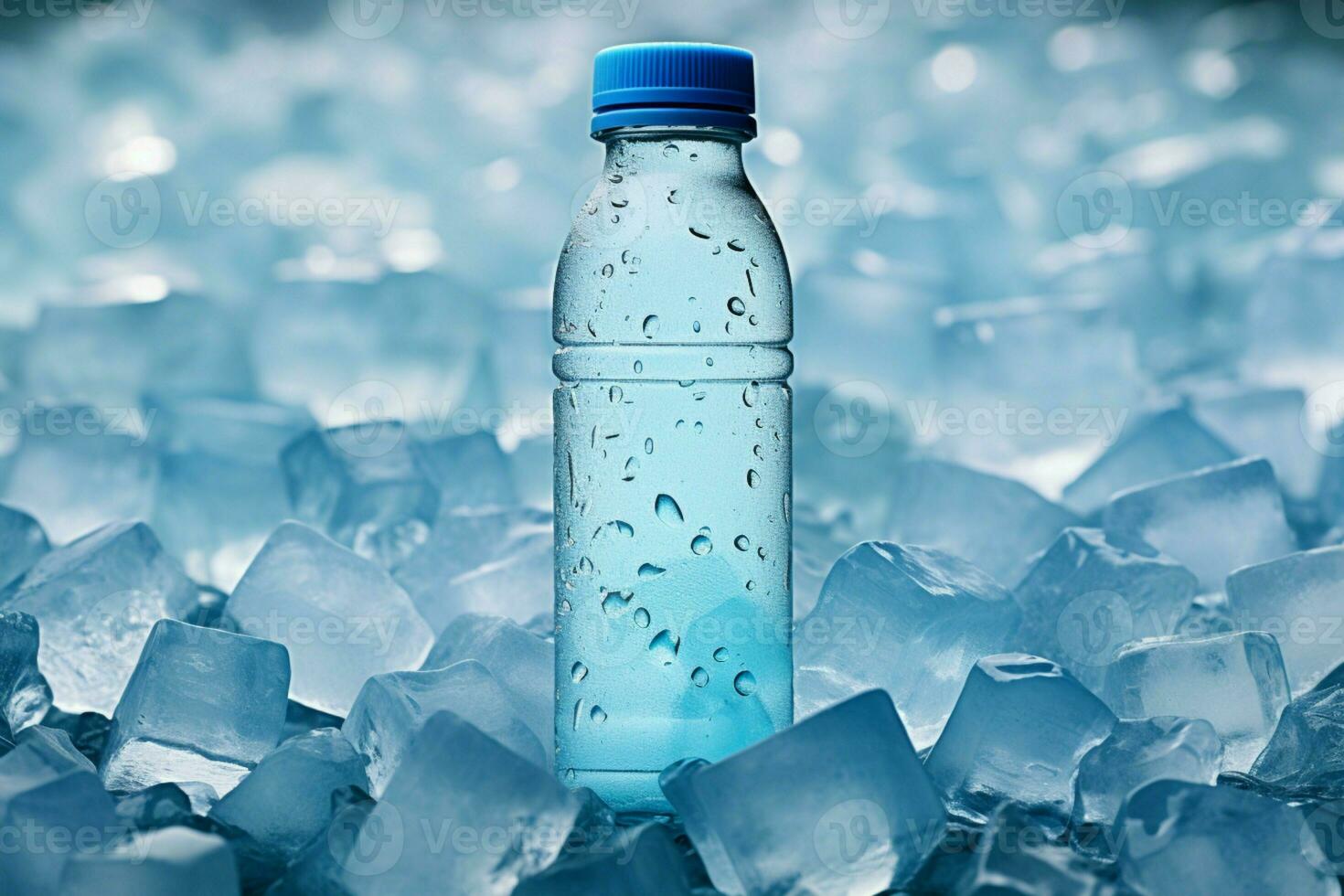 ai generiert Kühlung Konzept Wasser Flasche angezeigt auf ein Hintergrund von Eis Würfel foto