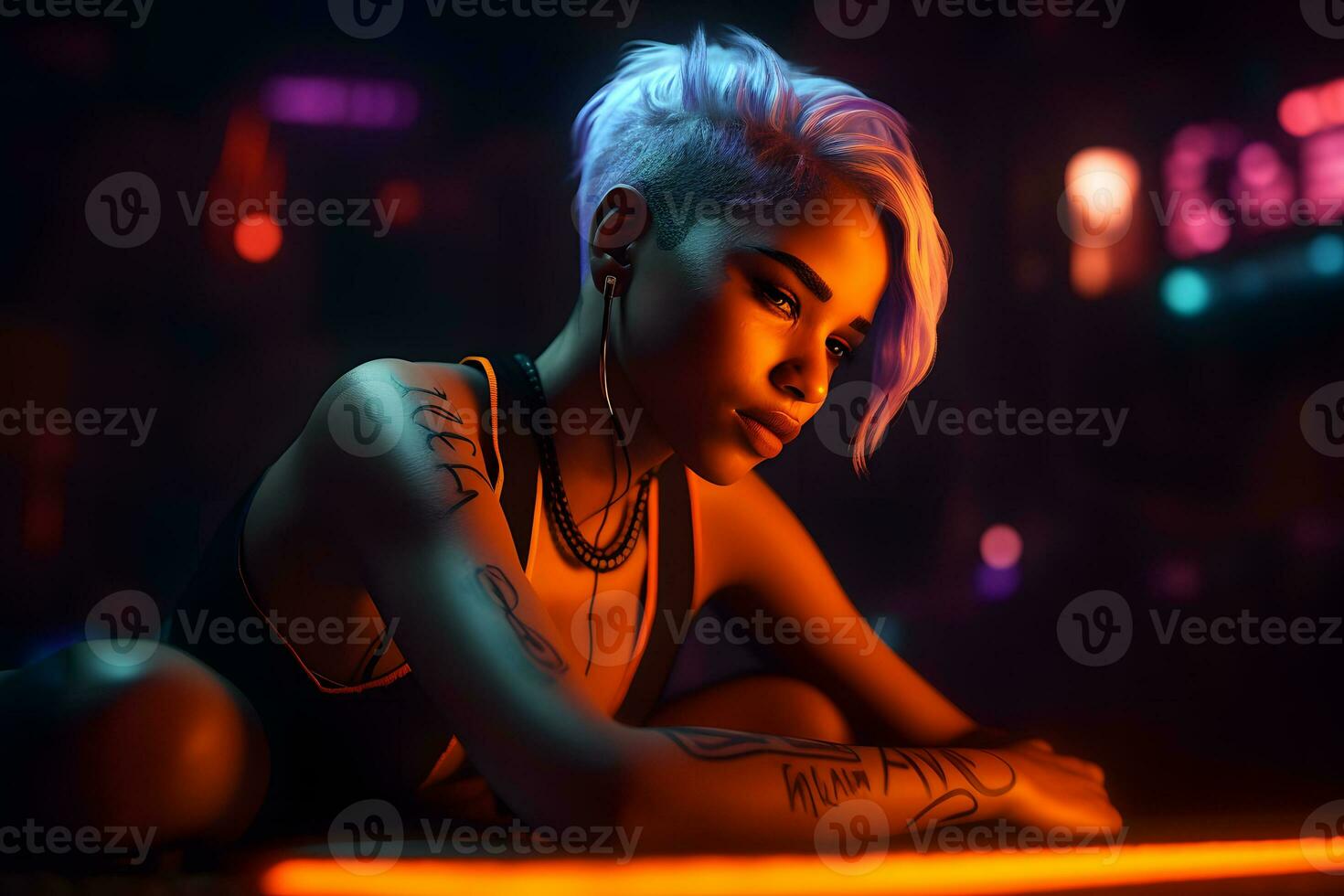 ai generiert jung Frau mit Mohawk im Kopfhörer, Cyberpunk Stil. neural Netzwerk ai generiert foto