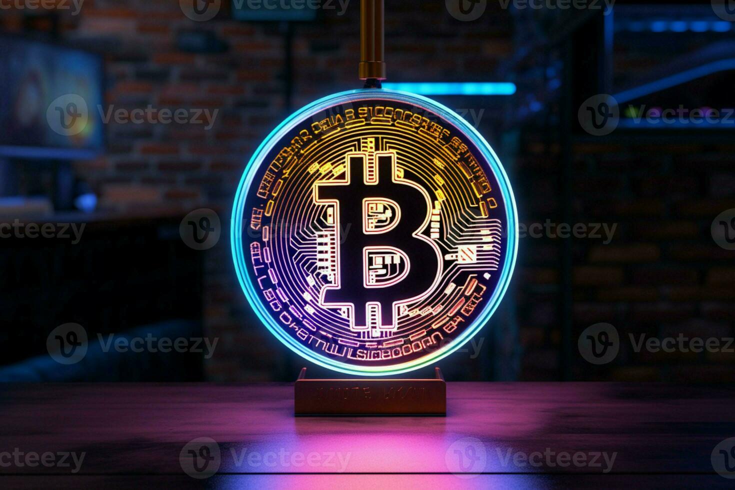 ai generiert Kryptowährung Charme Neon- Lampe mit das ikonisch Bitcoin Symbol foto