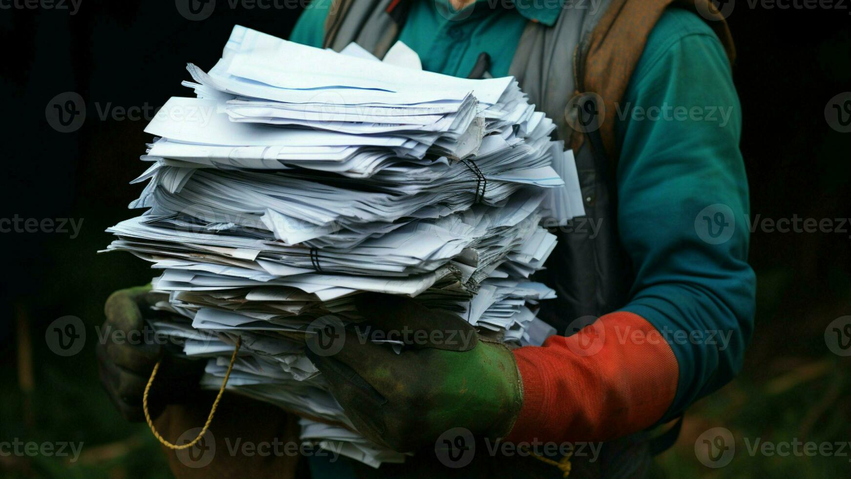 ai generiert Öko bewusst Aktion Mann hält bündeln von benutzt Papier zum Recycling foto