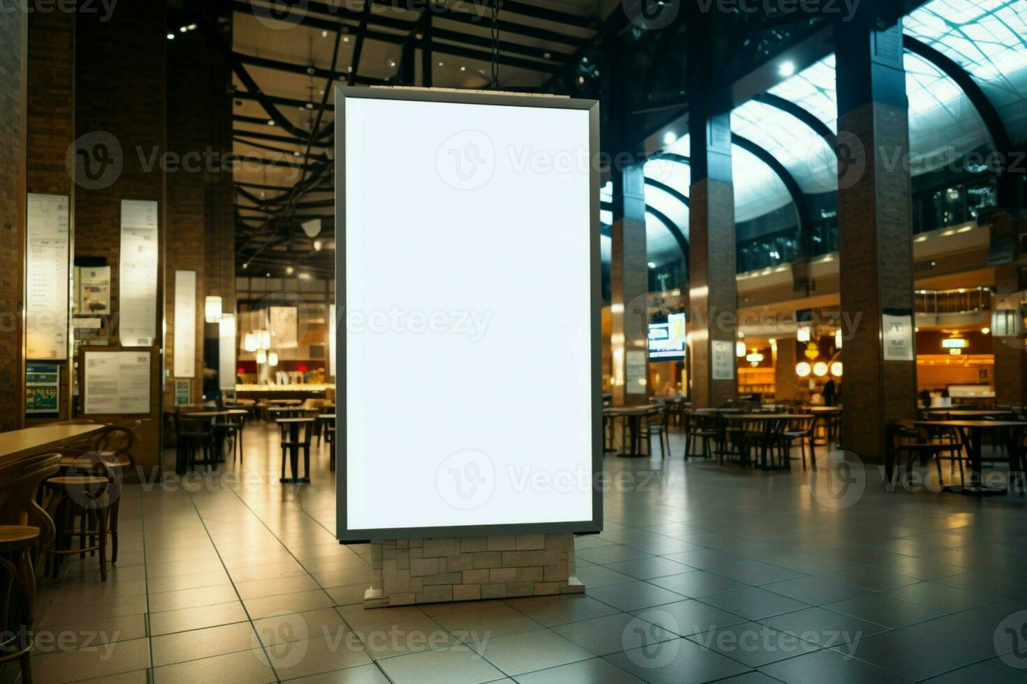 ai generiert Information Nabe leer Weiß Tafel zum Aktionen im ein Einkaufen Center foto
