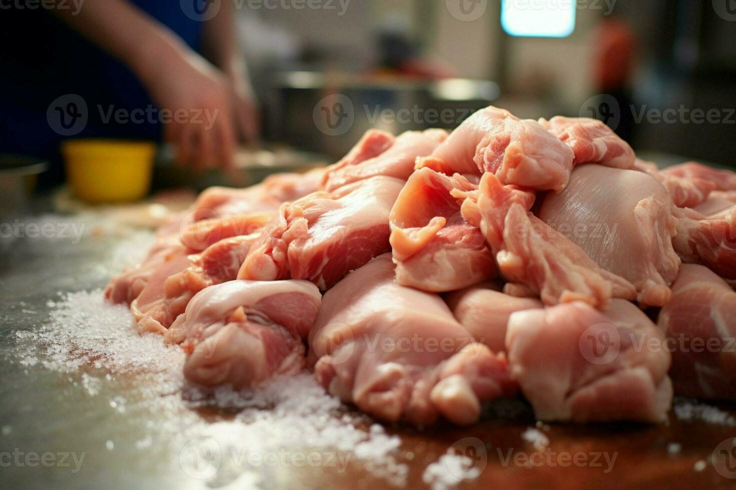 ai generiert Geflügel wird bearbeitet Stufen von Hähnchen Fleisch Produktion ai generiert foto