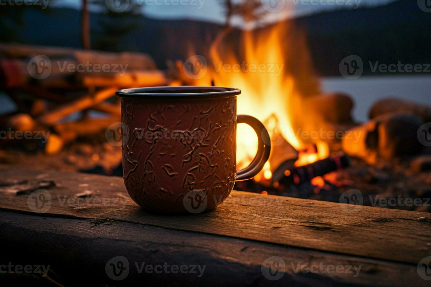 ai generiert warm Kaffee Tasse im Norwegen Wildnis, zündete durch Lagerfeuer glühen foto