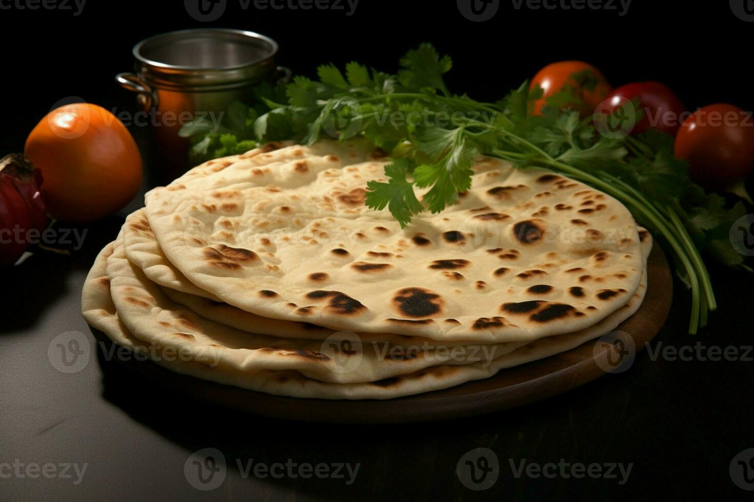 ai generiert indisch traditionell Küche Chapati auf ein rustikal hölzern Hintergrund foto
