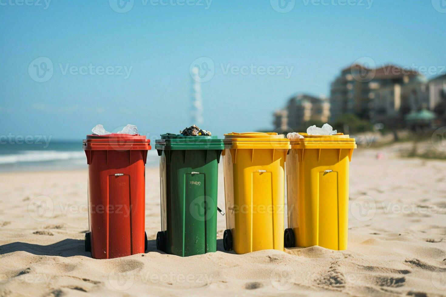 ai generiert Umwelt Pflege vier Plastik Behälter zum Müll Sortierung auf Strand foto