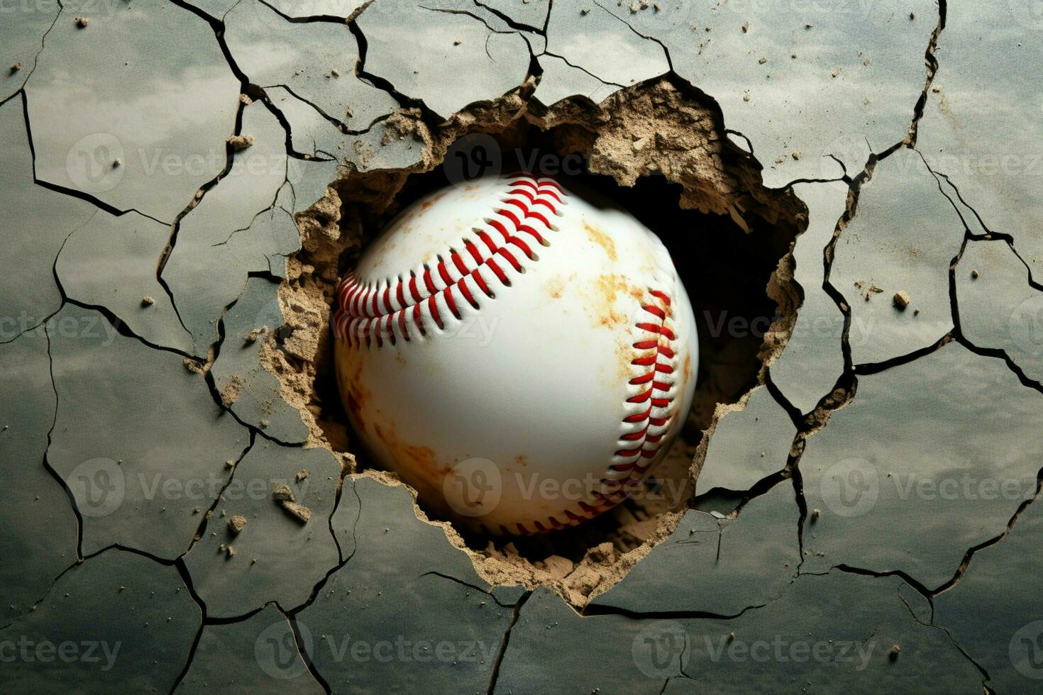 ai generiert dynamisch Baseball Bilder Ball Piercing durch Mauer mit dramatisch Risse foto