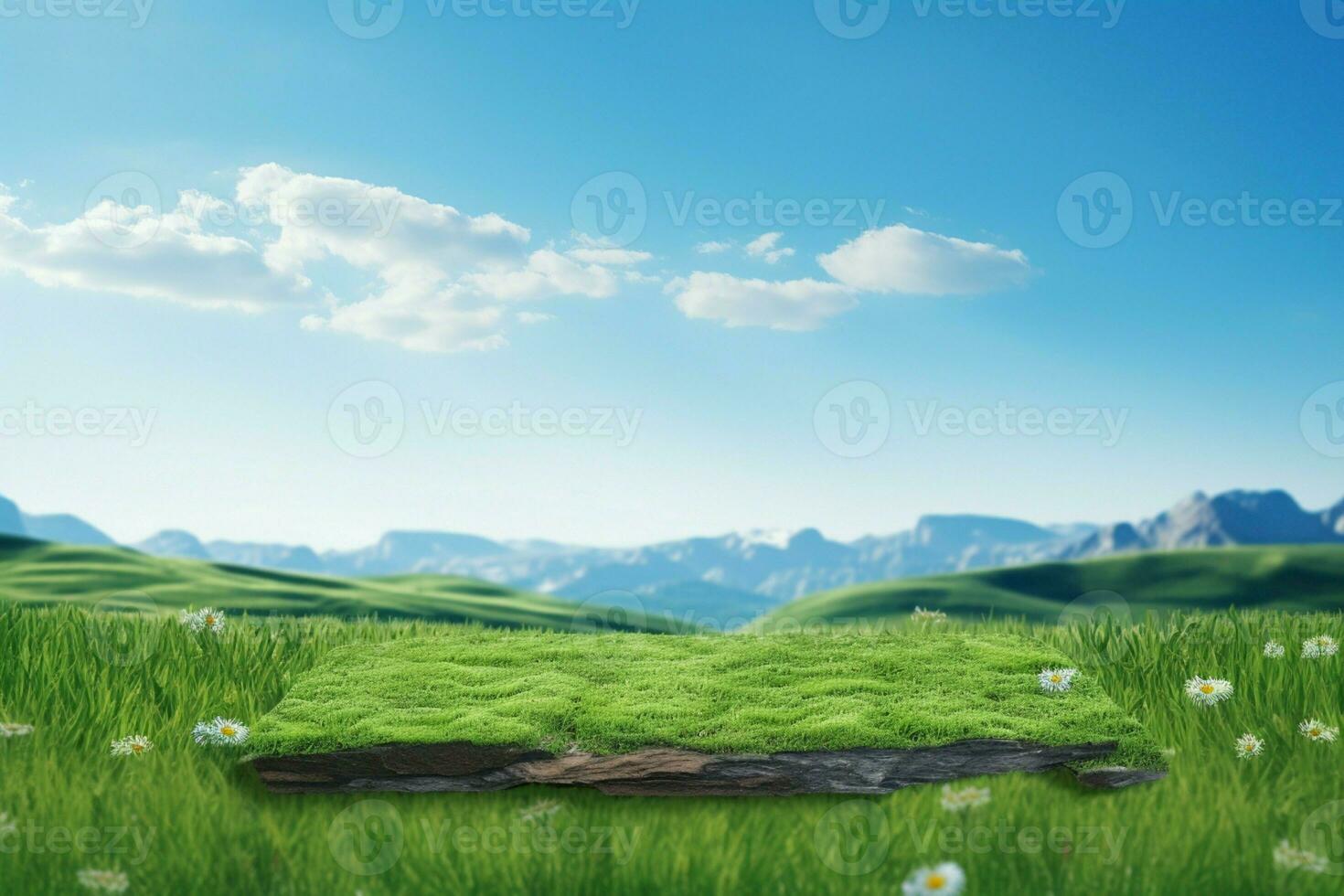 ai generiert Land Podium im 3d, Rendern ein malerisch Wiese mit Grün Gras foto