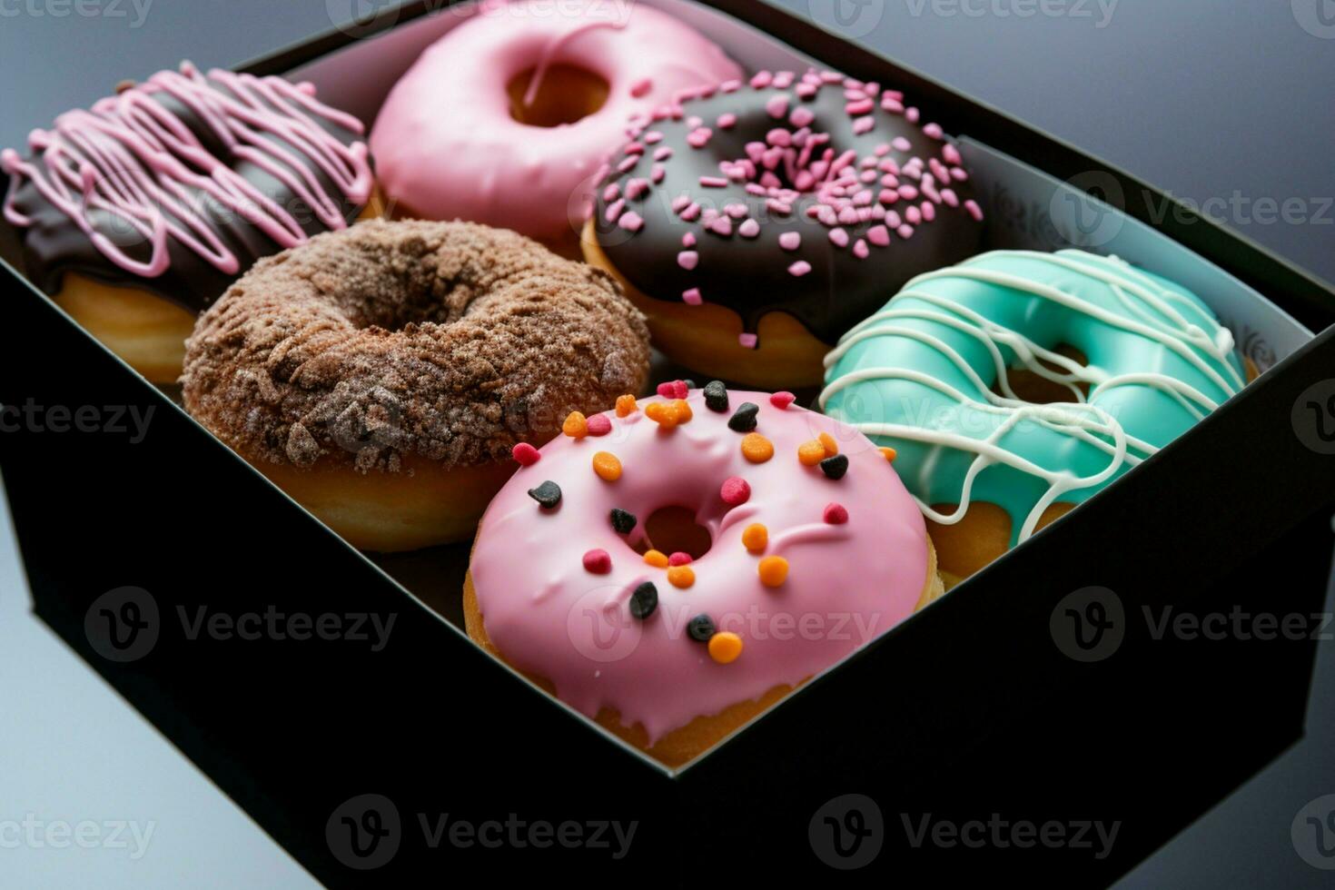 ai generiert kreativ bearbeiten Donuts im Paket, vorgestellt mit verbessert visuell Beschwerde foto