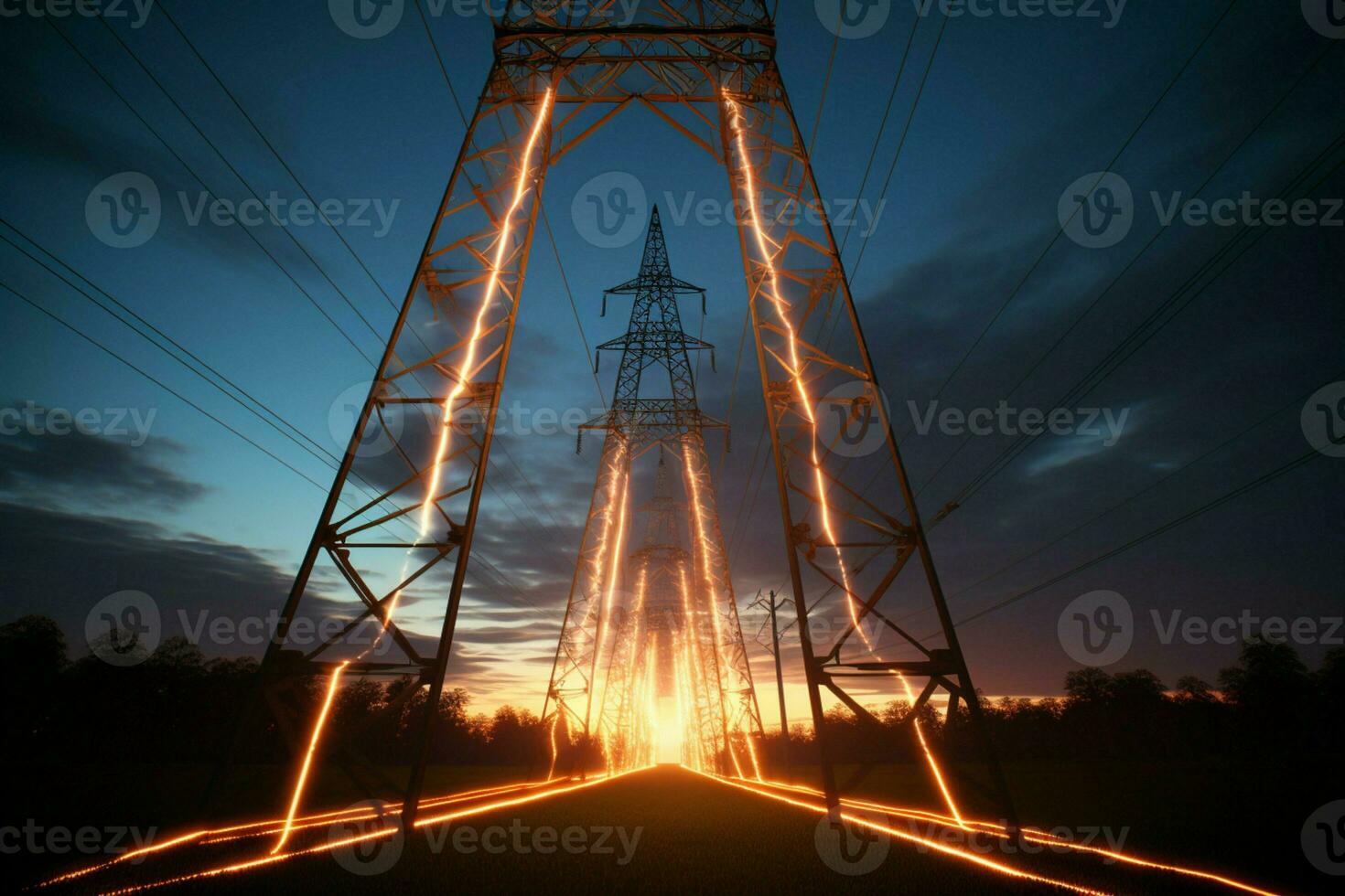 ai generiert 3d machen Animation Energie Strom durch Stahl Turm beim Sonnenaufgang foto