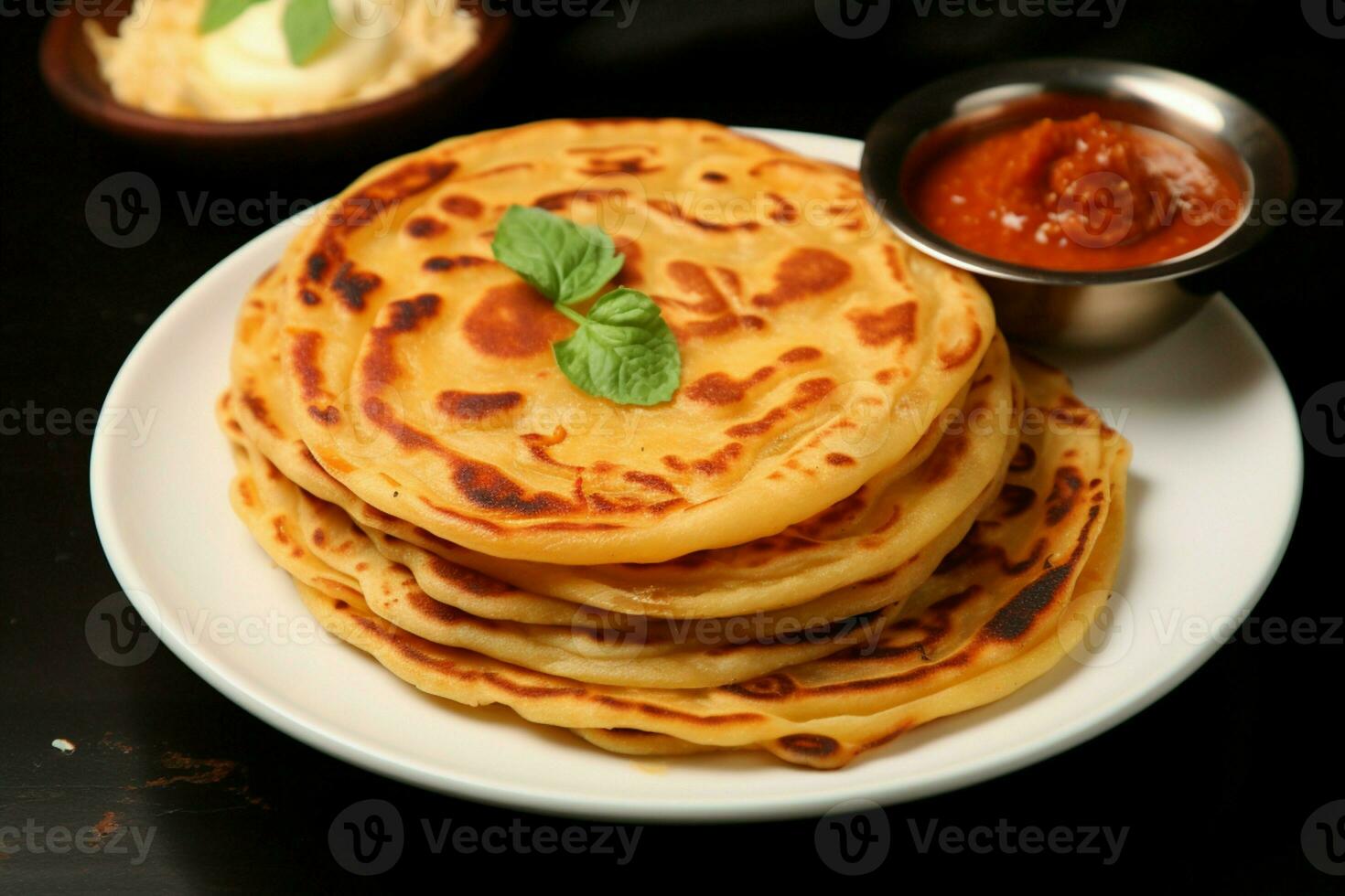 ai generiert Teller Präsentation Liebling Frühstück Gericht, Paratha, Kanai, oder Roti Maryam foto