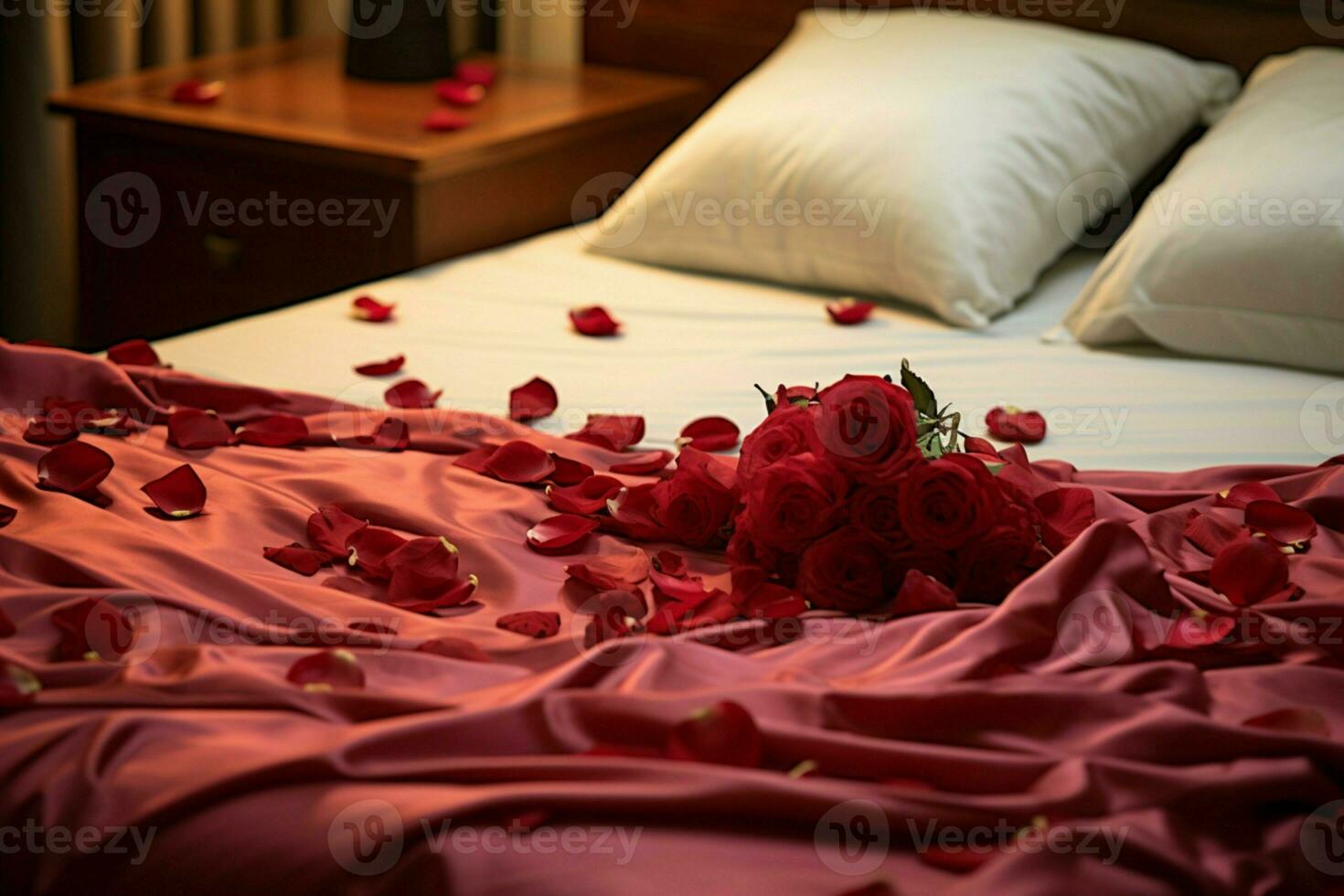 ai generiert elegant Geste Rose Blütenblätter auf das Bett Hinzufügen ein berühren von Luxus und Romantik ai generiert foto