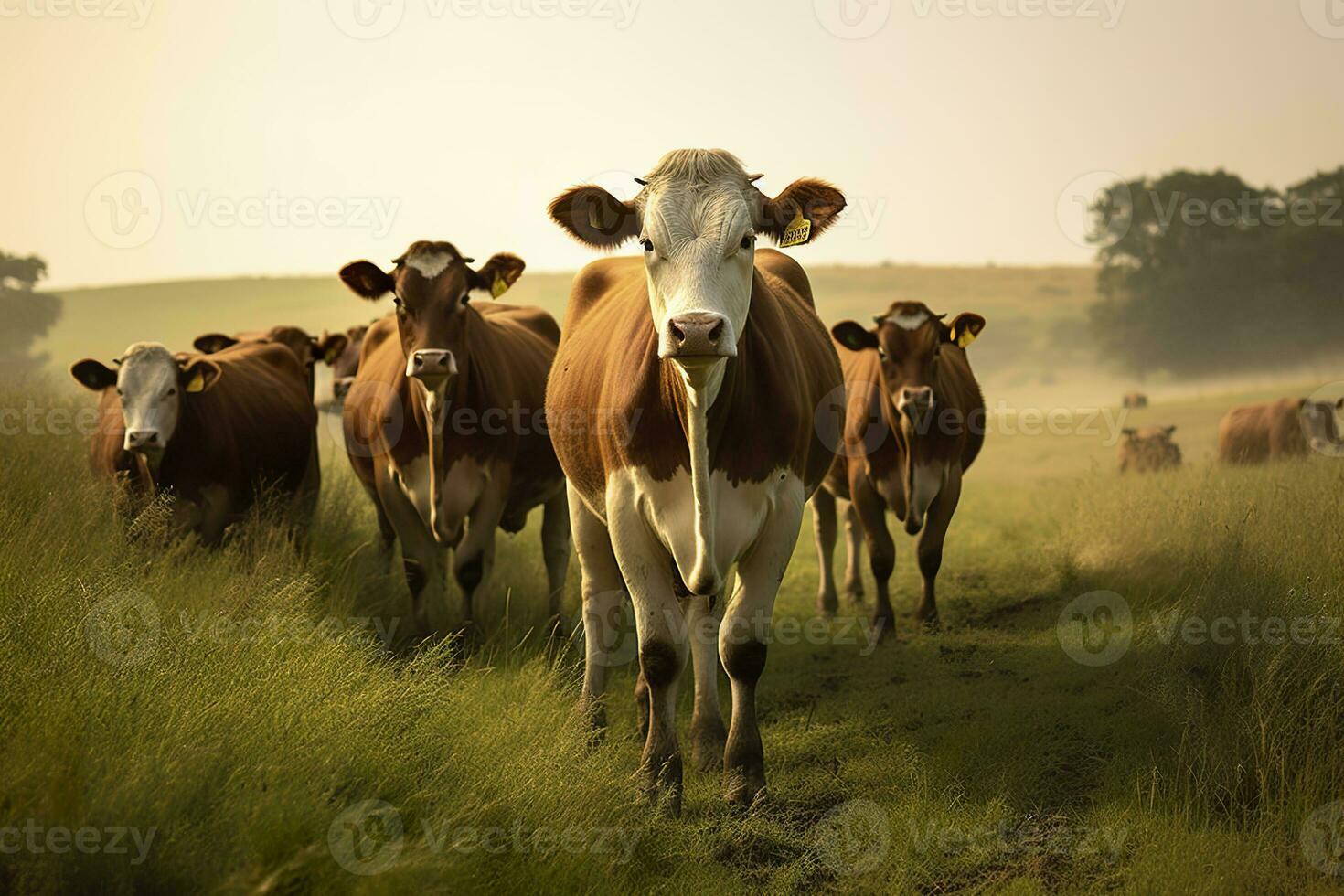 ai generiert Gruppe von Kühe Stehen im ein grasig Feld. ai generiert foto