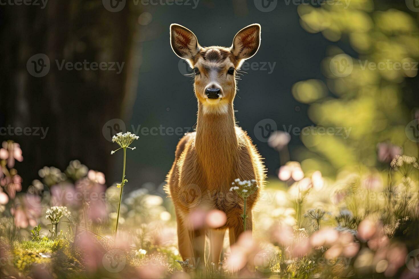 ai generiert weiblich Rogen Hirsch mit schön Blume. ai generiert foto