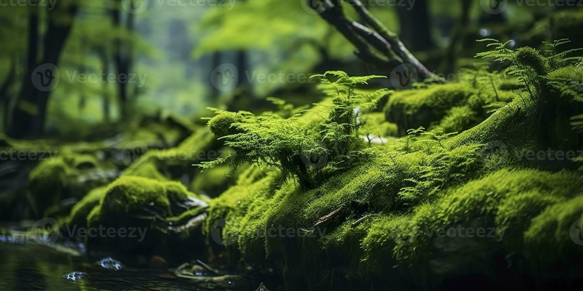 ai generiert Grün Moos Nahaufnahme, mit ein Hintergrund von Wald. Wald im das National Park. ai generiert foto