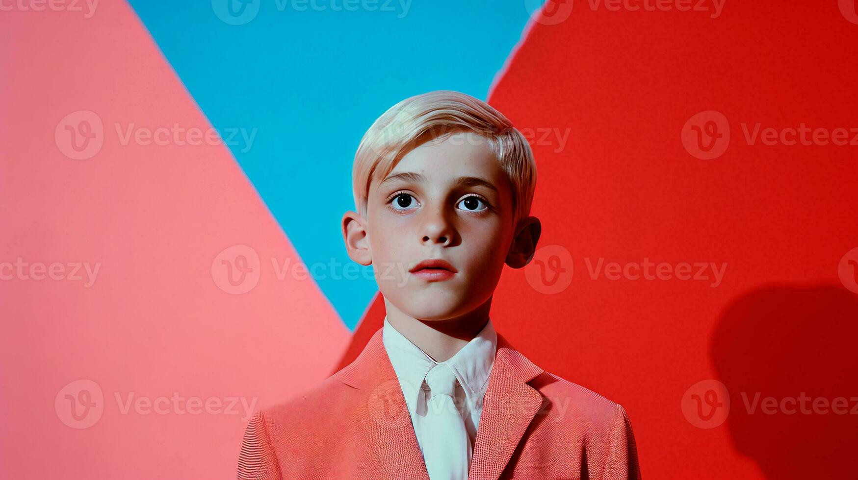 ai generiert ein stilvoll jung Junge im ein passen und Krawatte gegen ein beschwingt Hintergrund foto