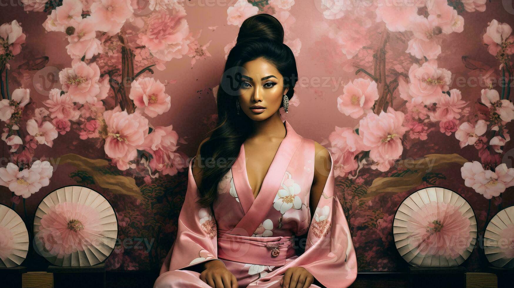 ai generiert ein heiter Frau im ein Rosa Kimono genießen das draußen foto