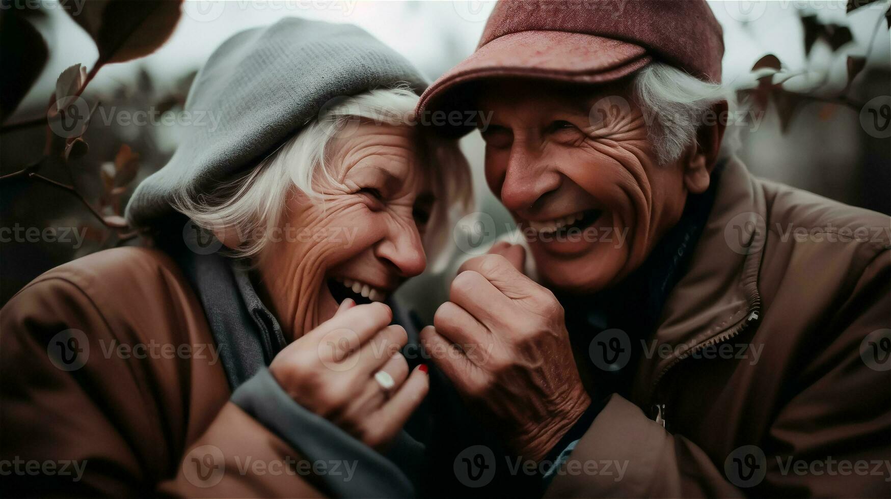 ai generiert ein im Ruhestand Paar stellen ihr Köpfe zusammen und kichern herzlich und im Liebe foto