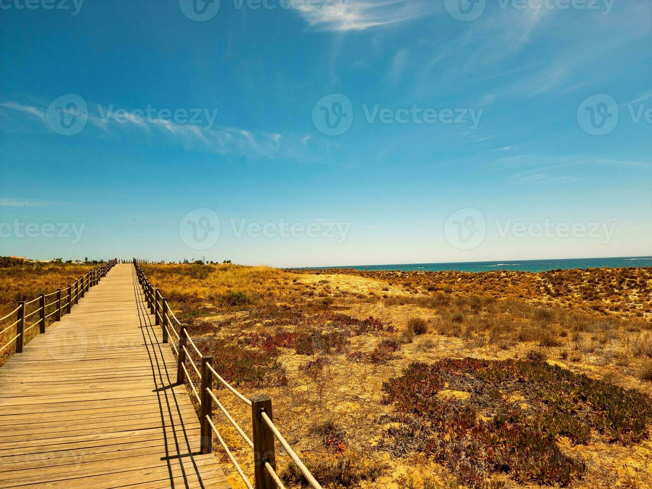 hölzern Promenade durch das Strand mit klar Blau Himmel. foto