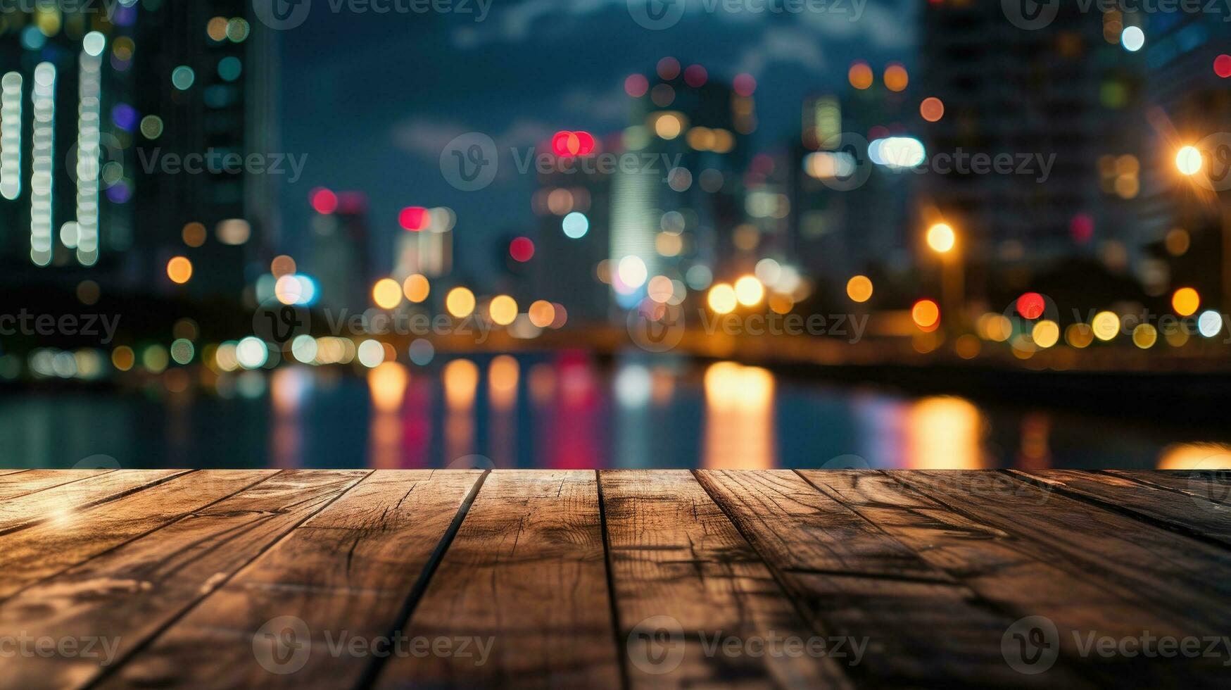 ai generiert leer Holz Tischplatte mit verschwommen Nacht Stadt Horizont und Fluss, Vitrine, Nachtleben, foto