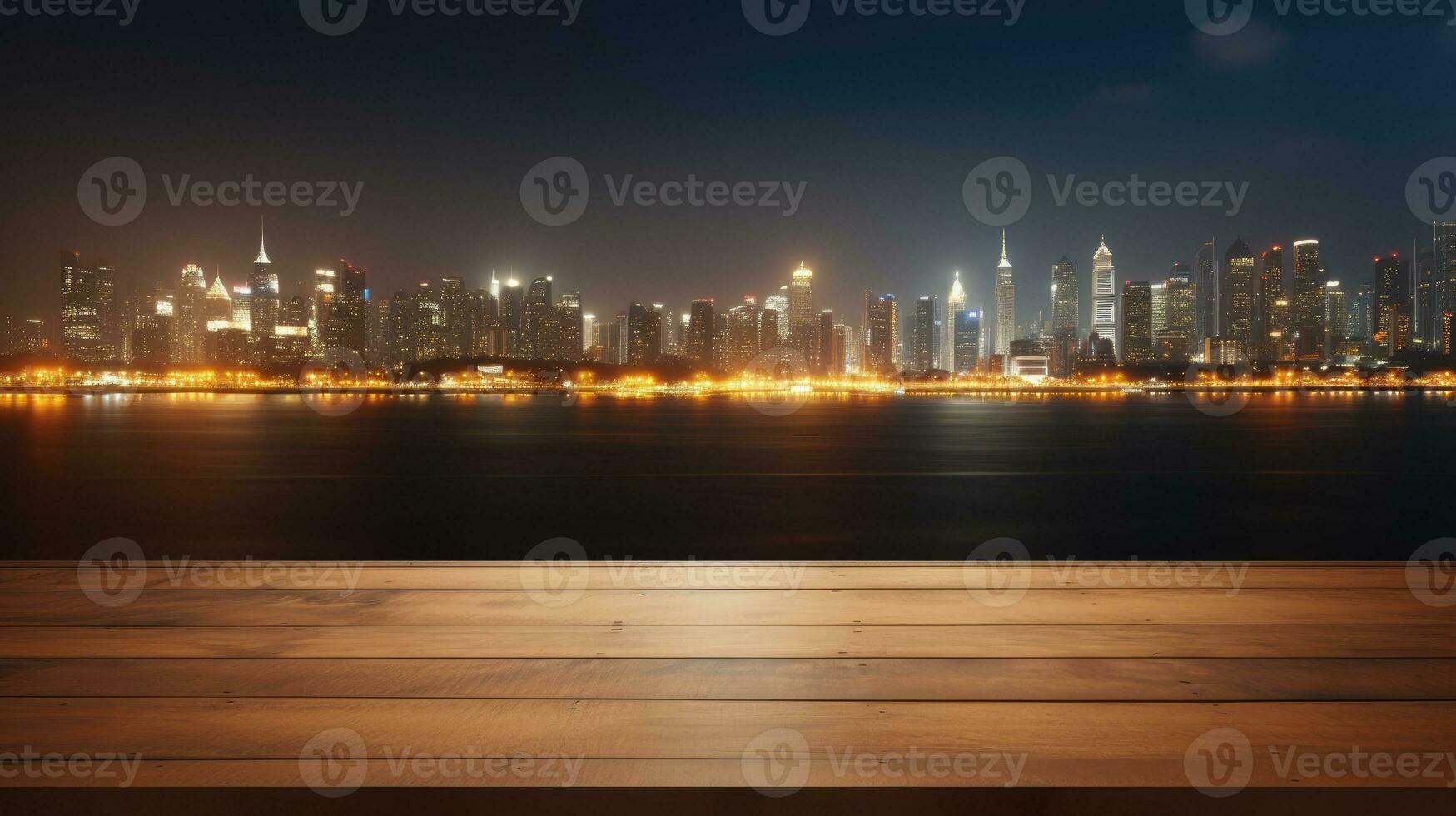 ai generiert leer Holz Tischplatte mit verschwommen Nacht Stadt Horizont und Fluss, Vitrine, Nachtleben, ai generativ foto