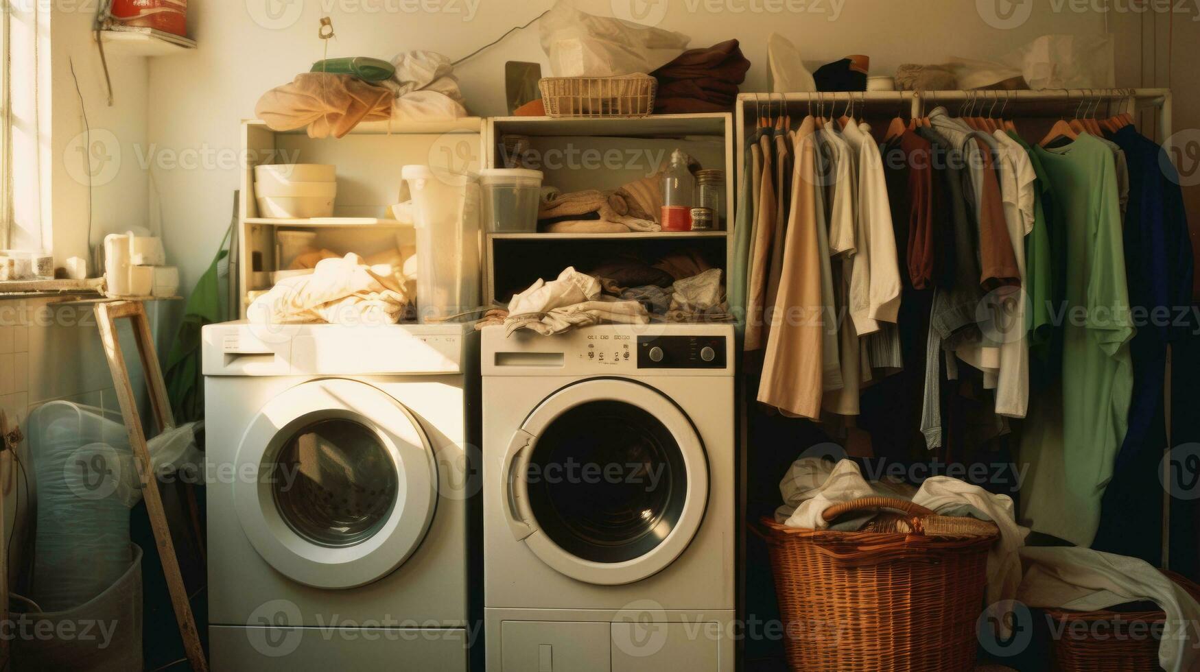ai generiert unordentlich Wäsche Zimmer, minimal Stil mit Sonnenlicht, ai generativ foto