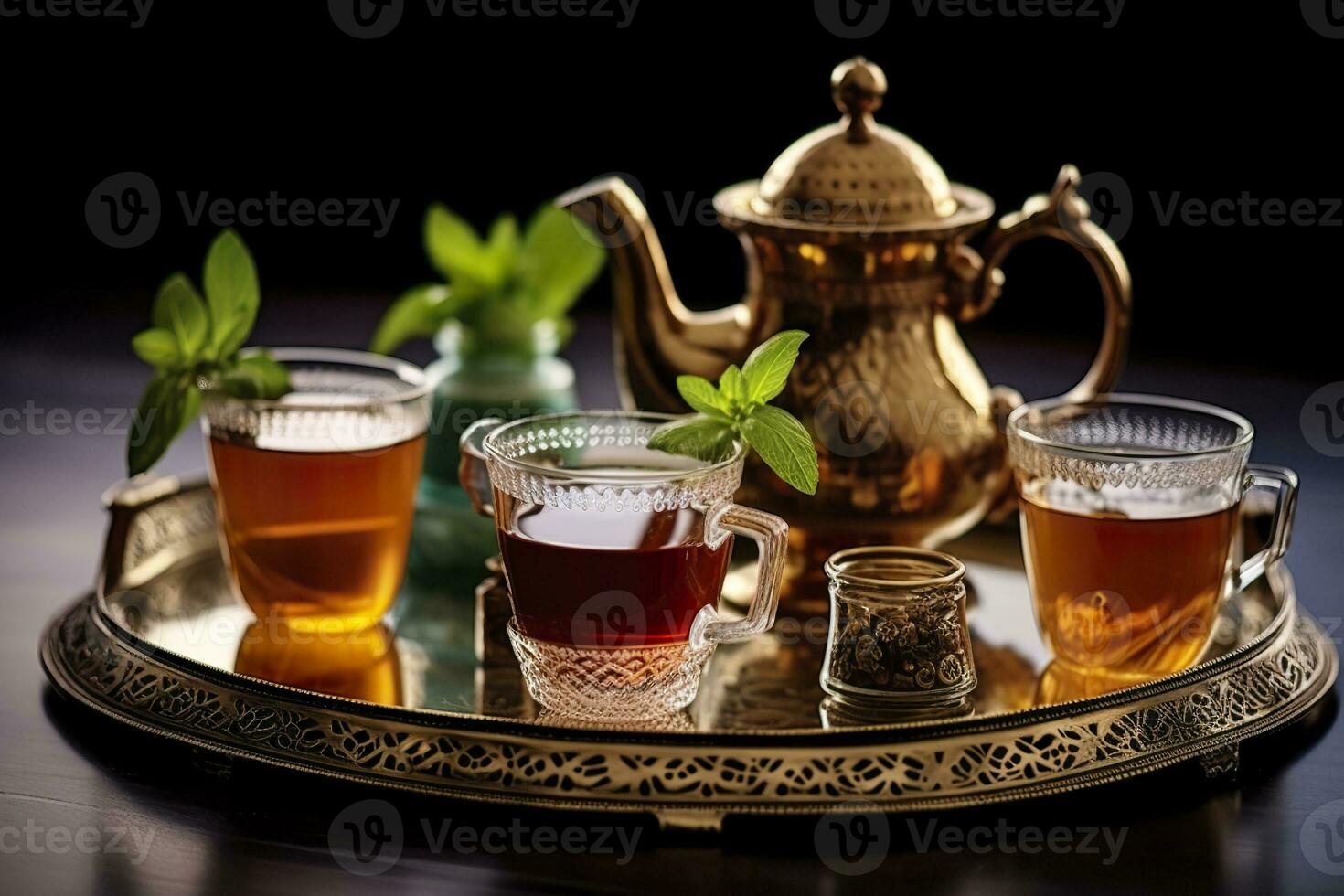 ai generiert traditionell marokkanisch Tee einstellen mit dekorativ Teekannen, Gläser, und Minze Blätter. generativ ai foto
