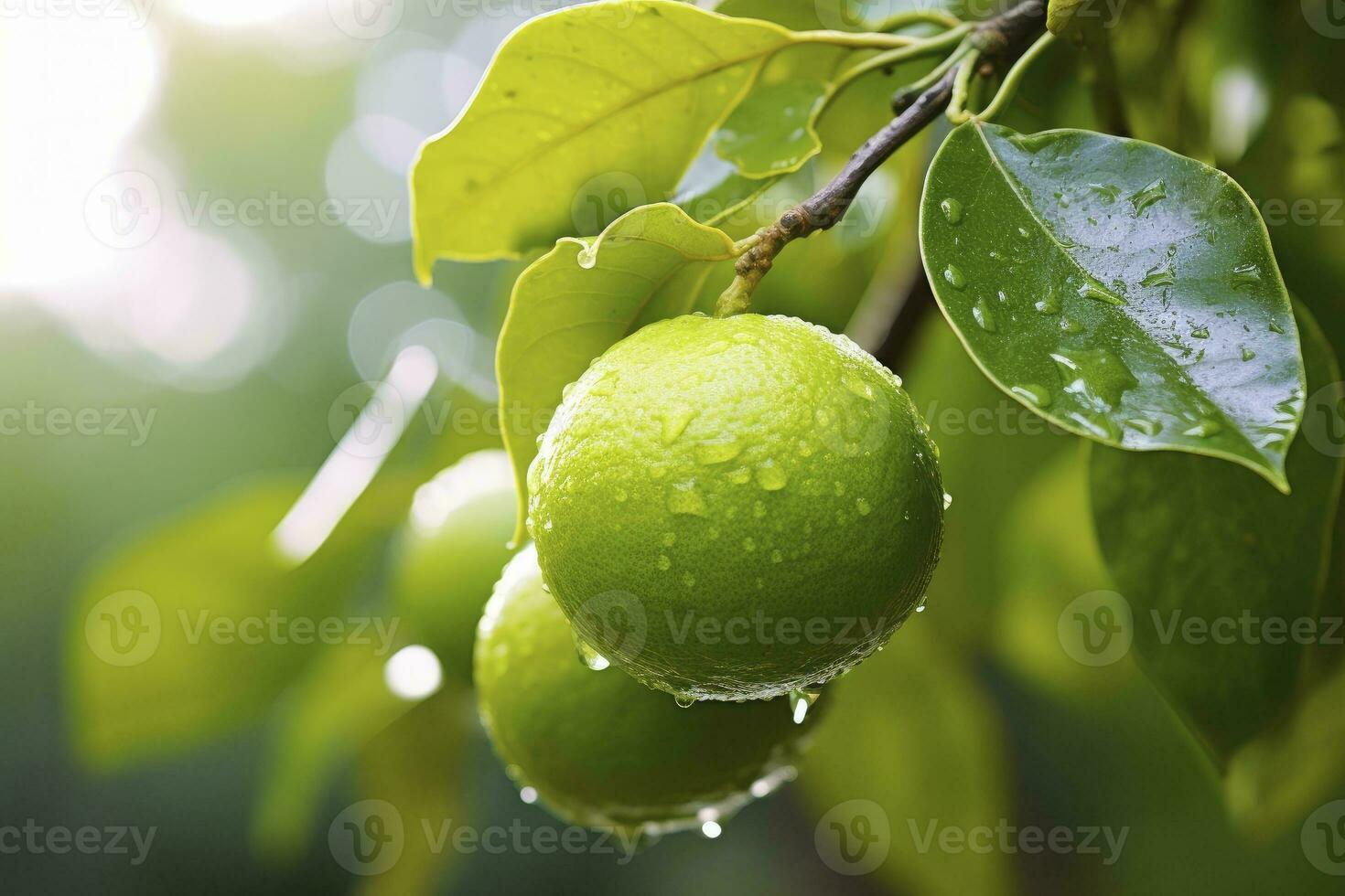 ai generiert schließen oben von nass Limette auf Ast. ai generiert foto