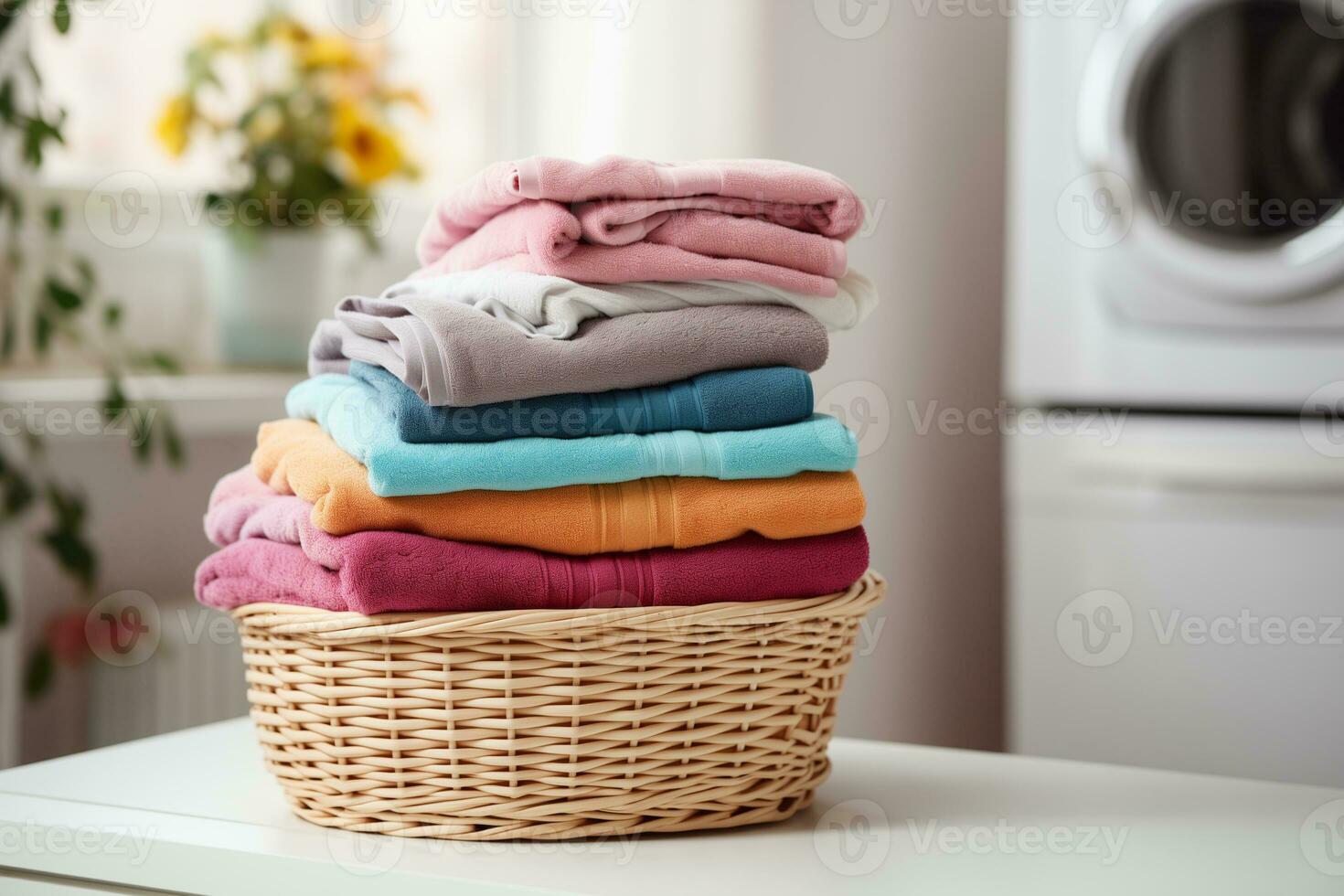 ai generiert ein Stapel von ordentlich gefaltet bunt Handtücher im ein Korbweide Korb auf das Badezimmer Nachttisch foto