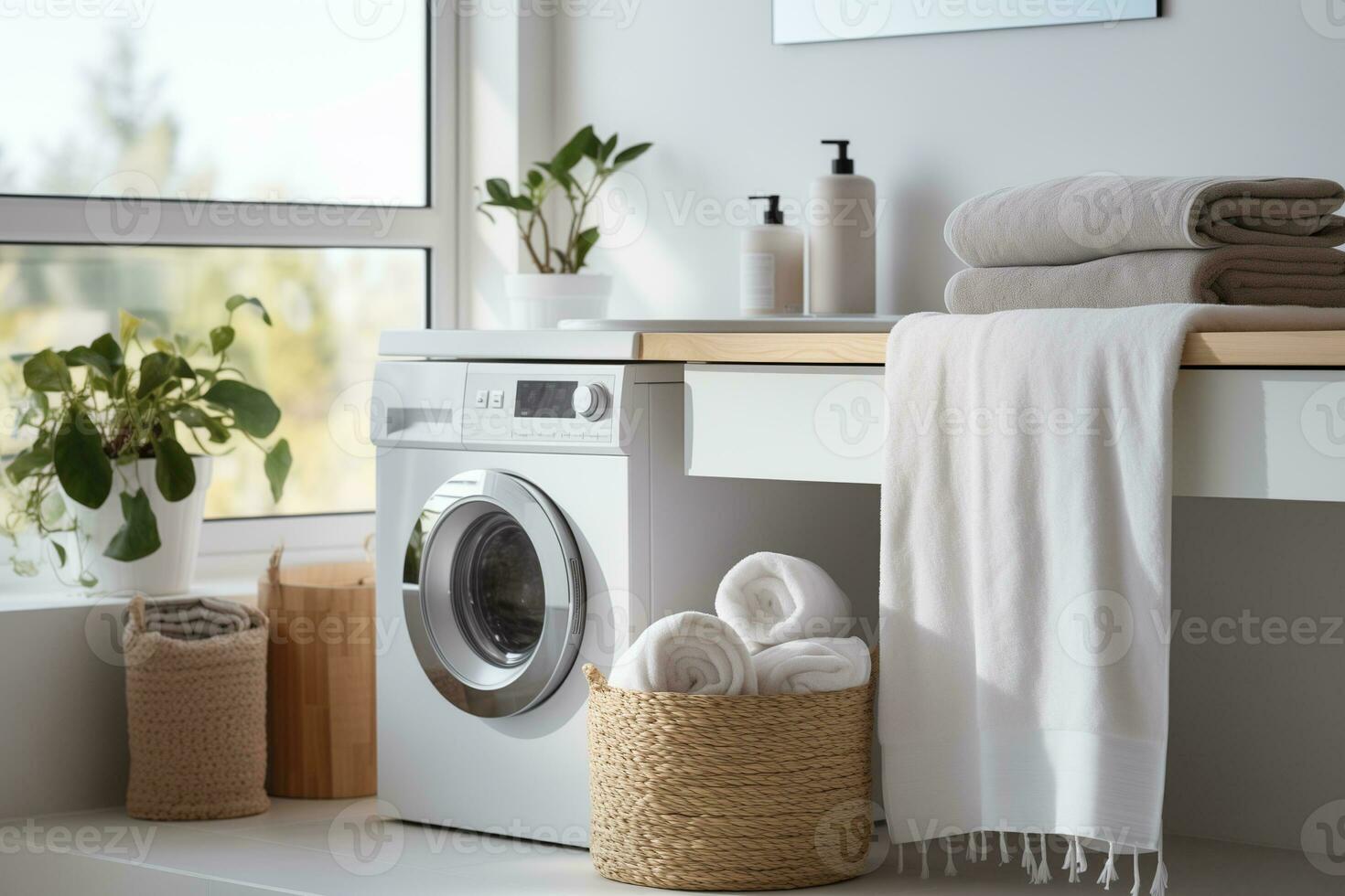 ai generiert hell, gemütlich Badezimmer mit ein Waschen Maschine und ein Stapel von Weiß Handtücher durch das sinken foto