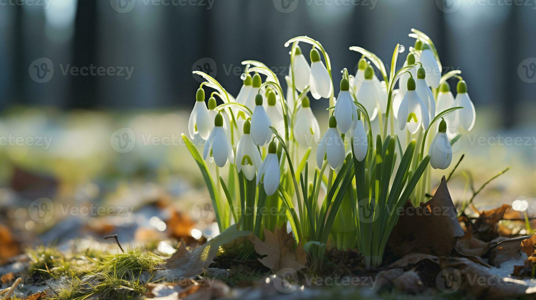 ai generiert Clearing mit Schneeglöckchen im das Frühling Wald beim Sonnenuntergang foto