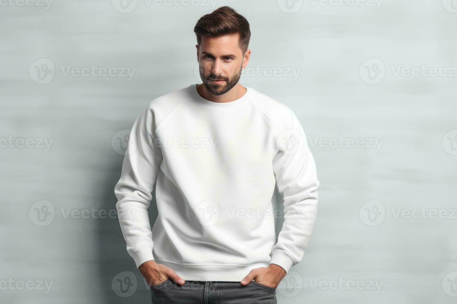 ai generiert Mann tragen ein Weiß leer Attrappe, Lehrmodell, Simulation Sweatshirt . generativ ai foto