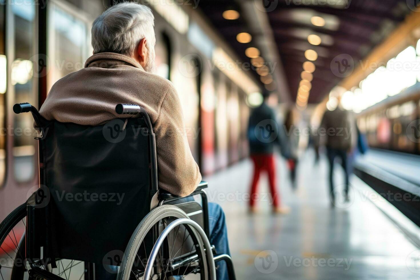 ai generiert Nahansicht von deaktiviert Person Reiten im Rollstuhl beim Zug Bahnhof . Behinderung Versicherung. generativ ai foto