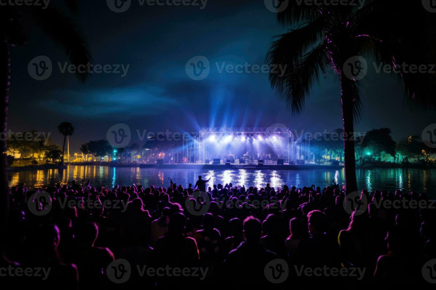 ai generiert Jubel Menge beim Konzert im Vorderseite von hell Beleuchtung auf Strand . ai generativ foto