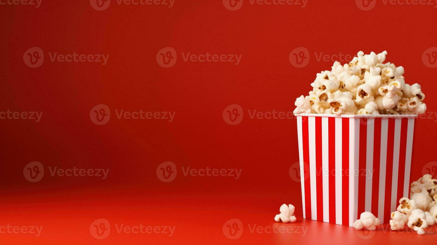 ai generiert gestreift Box mit Popcorn auf das rot Hintergrund, Kopieren Raum. Snack, Film, Film, Kino foto