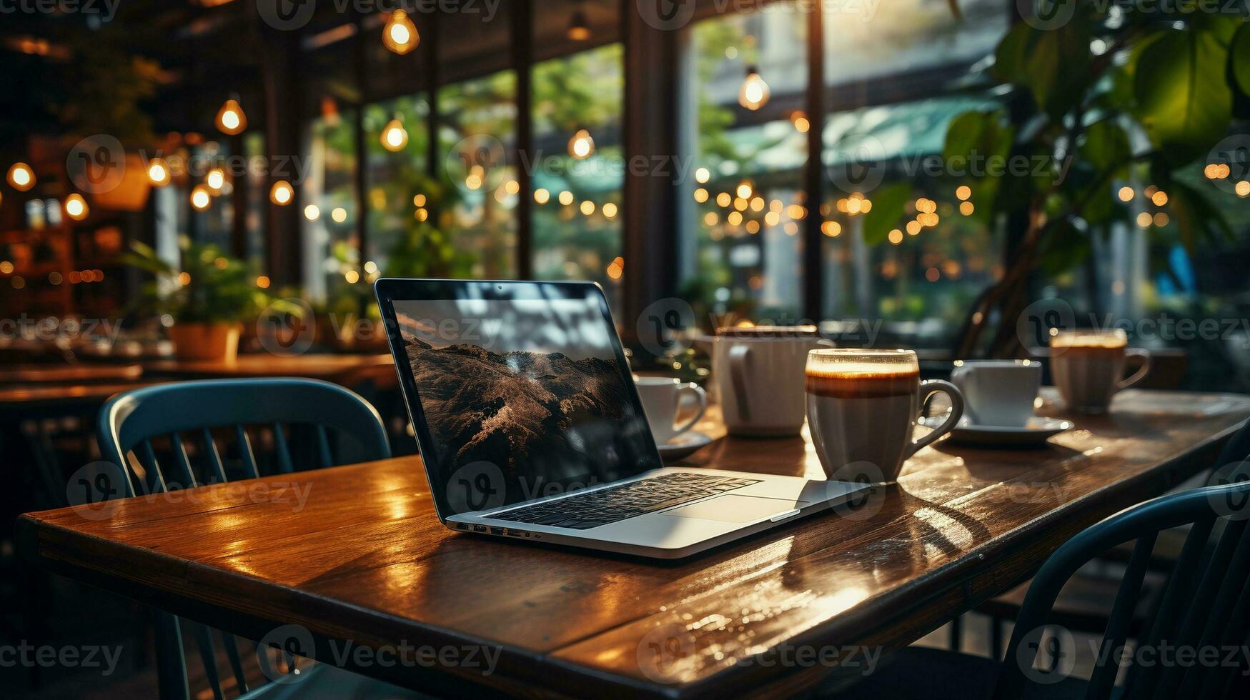 ai generiert gemütlich Coworking im Kaffee Geschäft ai generiert Banner Hintergrund Kopieren Raum foto