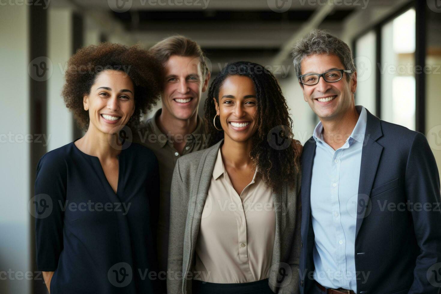 ai generiert Geschäft Zusammenarbeit lächelnd im das Büro Bokeh Stil Hintergrund mit generiert ai foto