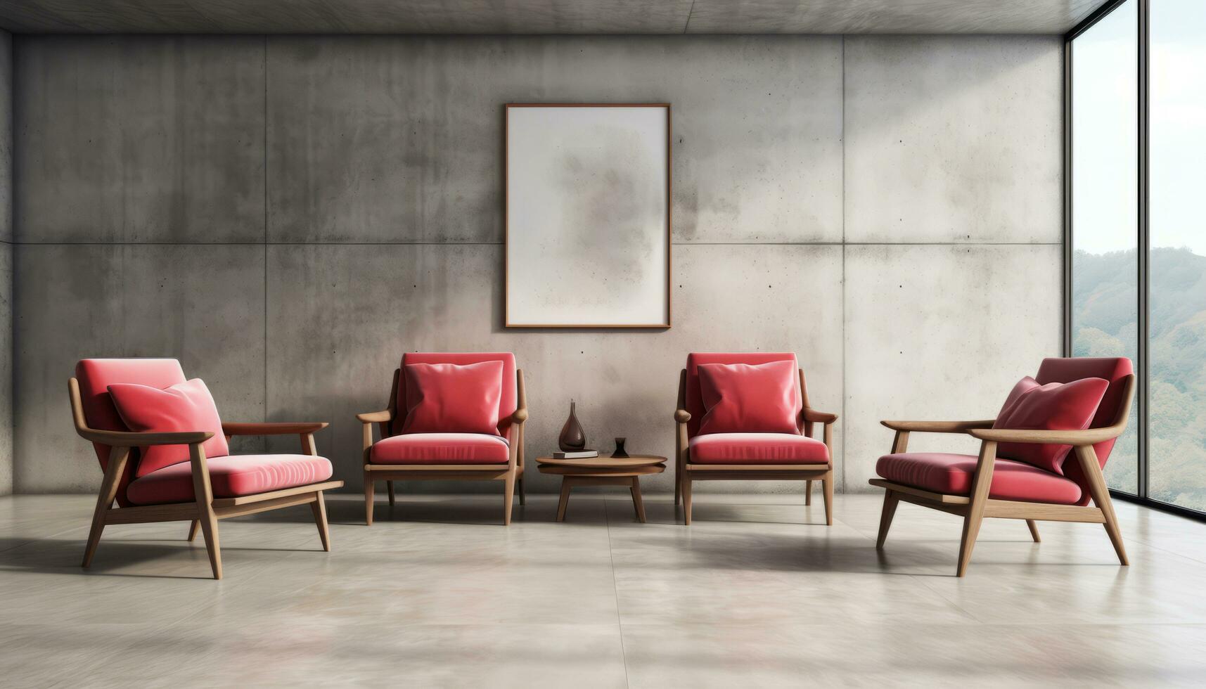 ai generiert modern minimalistisch Innere mit Sessel auf Weiß Beton Mauer Hintergrund und leeren Bild Rahmen foto