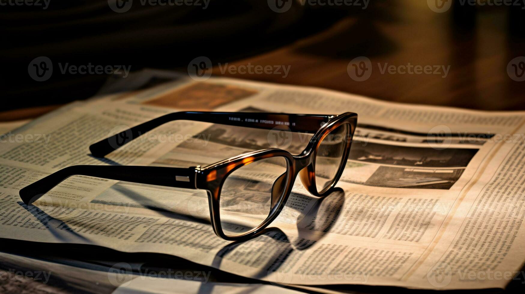 ai generiert schließen oben Schuss von Auge Brille platziert auf ein Nachrichten Papier im ein Jahrgang Ton foto