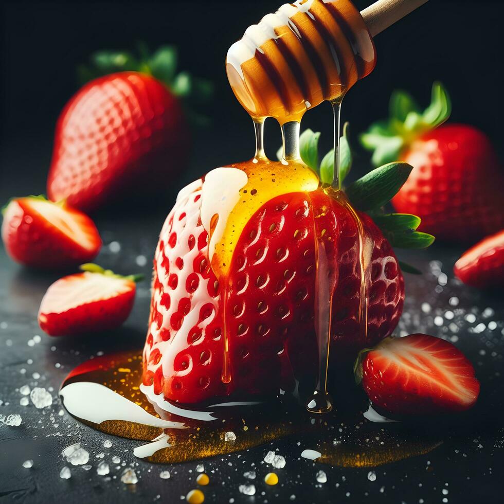 ai generiert Erdbeeren und Honig auf ein schwarz Hintergrund ai generiert foto