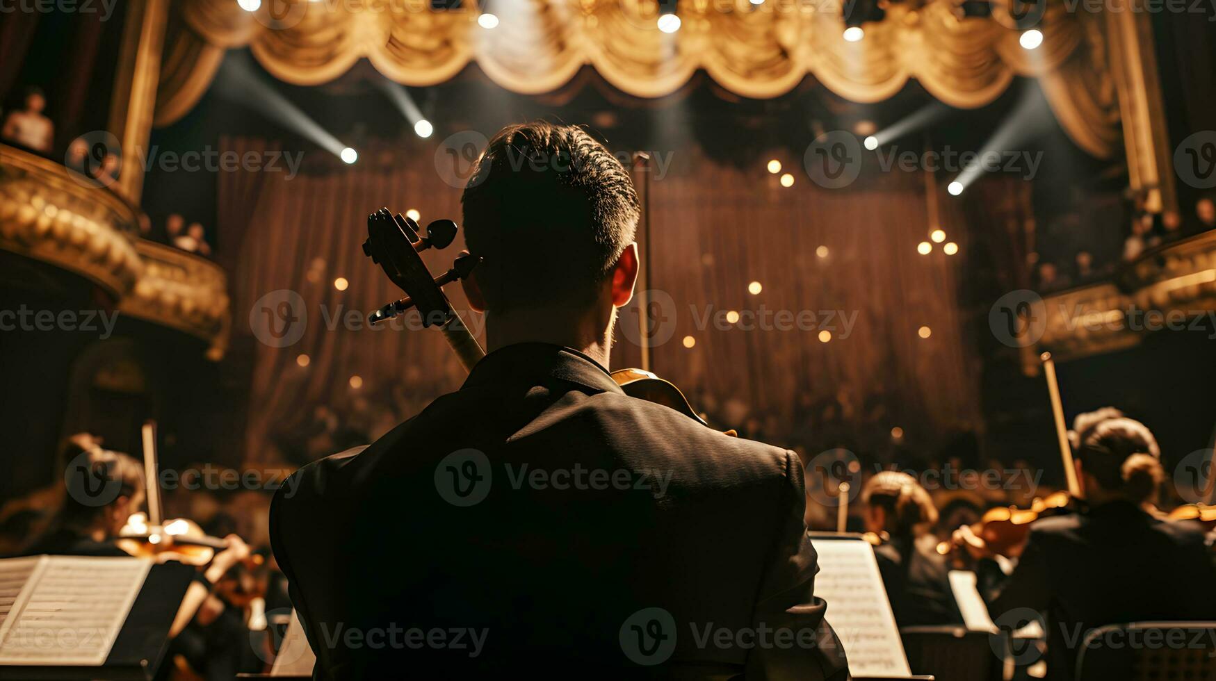 ai generiert Rückseite Aussicht von ein männlich Musiker spielen das Violine im ein Konzert Halle foto